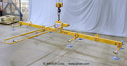 ANVER Eight Pad Air Powered Lifter with Dual Pick Points and Custom Extended Handlebar for Lifting & Handling MDF Board 24 ft x 6 ft (7.3 m x 1.8 m) up to 1000 lb (454 kg)